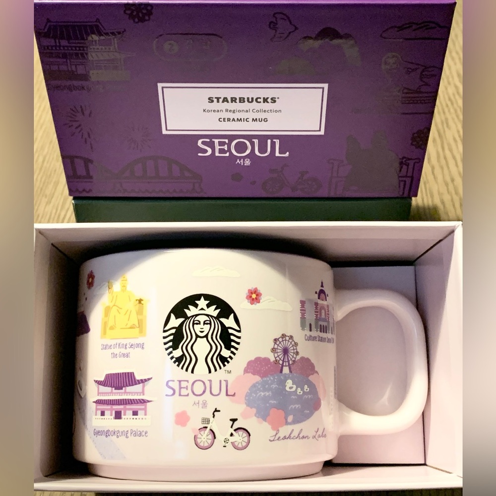 💜 Seoul, Starbucks Korea Mug w Purple & White. Featuring the popular landmarks